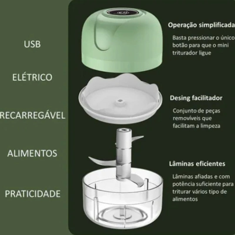 Mini Processador Elétrico de Alimentos Portátil Bivolt com 3 lâminas de aço inox USB 250 ml