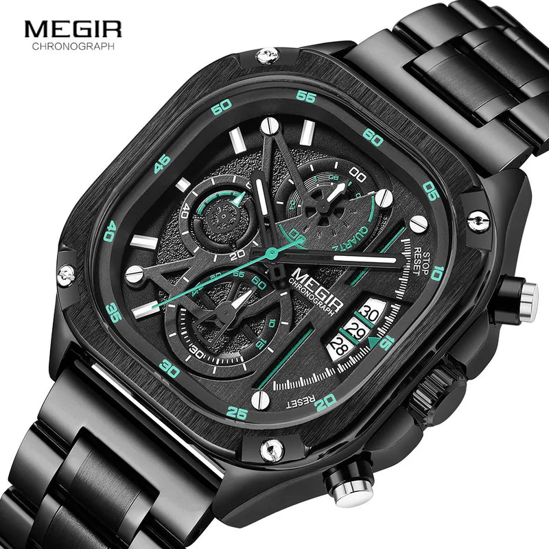 Relógio MEGIR de Quartzo Preto Masculino à Prova D'água, Mostrador Quadrado, Relógio de Pulso Com Cronógrafo, Pulseira de Aço Inoxidável Mãos Luminosas, Data Automática